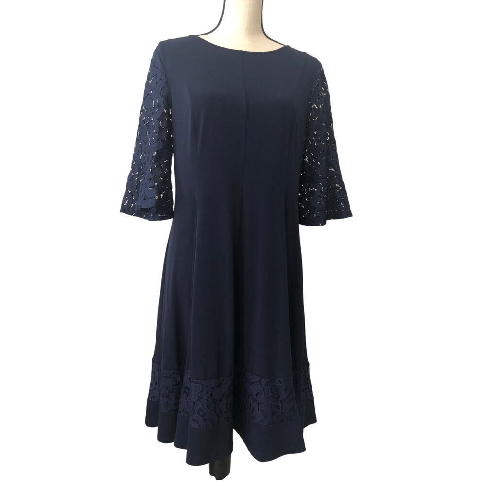 Wedding Guest Dress Size 14 Navy Blue Jessica Howard Lace Fit Flare Stretchy